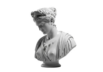 Obraz premium transparent marble bust of classical woman, serene expression, intricate bun, 3/4 view, isolated on transparent background with copy space concept of timeless elegance and beauty