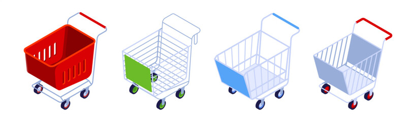 Shopping cart in plastic and metal material. Vector isometric trolleys in different variations. Retail equipment for supermarket, store and ecommerce usage. Online shop design and mobile app interface © Sensvector