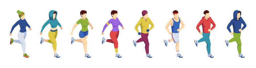Obraz premium People running in one direction. Vector isolated isometric male and female characters in dynamic motion. Movement and active lifestyle. Fitness and jogging, sport activity and training