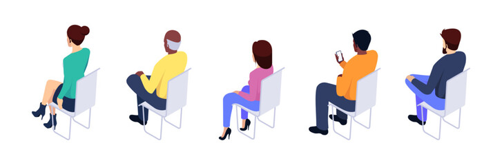 Fototapeta premium Male and female personage having business training. Vector isolated cartoon characters looking in front of them. Adult students listening conversation or talk. Social gathering or therapy