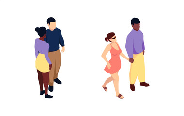 Fototapeta premium Couples walking and talking in park. Vector isolated male and female characters in motion. Communication, interaction and social activity in outdoor setting. Movement and casual lifestyle