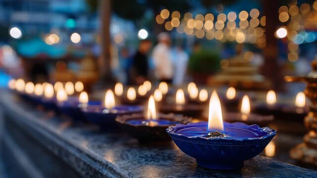 304Moonlit spiritual ceremony with rows of glowing oil lamps, close-up of gentle flickering flames, traditional shrine elements, serene and peaceful religious practice at night, soft