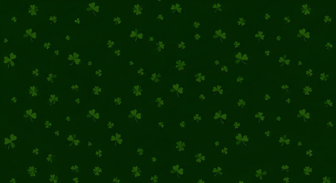 Seamless pattern of various sizes of green shamrock and clover leaves scattered across a dark green background