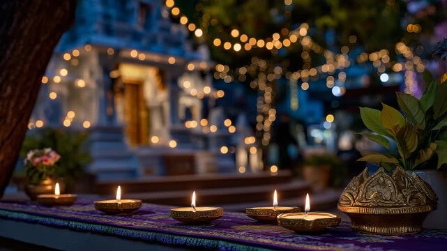 311Moonlight falling on sacred shrine adorned with glowing lamps, close-up of ritual setup, soft warm illumination, spiritual ceremony in peaceful night setting, devotional ambiance
