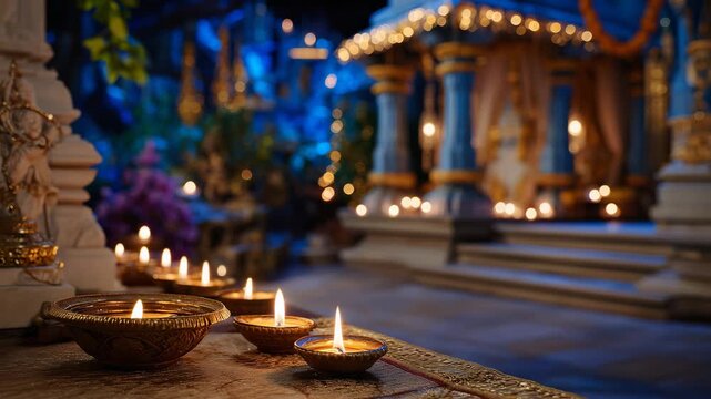 312Moonlight falling on sacred shrine adorned with glowing lamps, close-up of ritual setup, soft warm illumination, spiritual ceremony in peaceful night setting, devotional ambiance