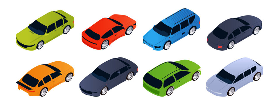 Passenger vehicles set, isolated isometric cars. Vector urban transport layout and automobile types collection. City design or parking plan. Transport map or navigation system elements