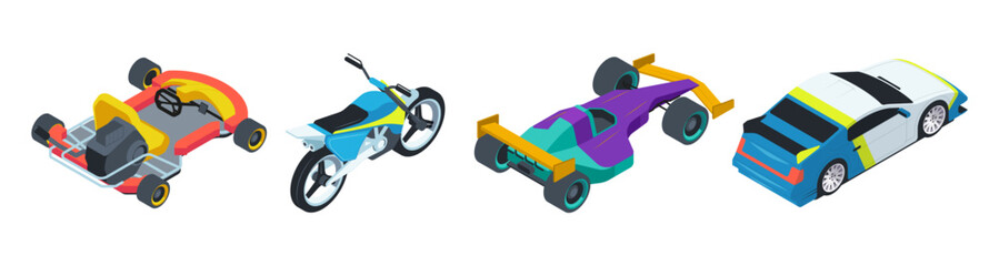 Racing vehicles and motorbikes. Vector isolated sport cars and motorcycle collection. Isometric fast transport. Automobile with high speed and quality of constructions. Adventure and open road freedom © Sensvector