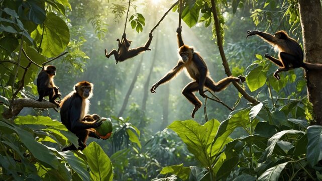 Group of monkeys playing in a vibrant jungle, showcasing their natural behavior amidst lush greenery