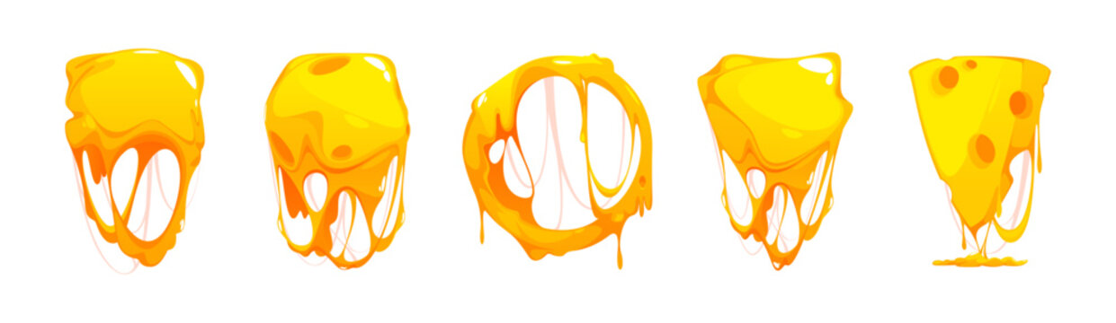 Hot melted cheese dripping set. Vector isolated gooey cheddar stretching in long strings. Glossy melty cartoon dairy products collection. Elastic fermented milk pieces with sticky texture