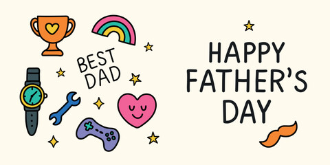 Happy Fathers Day banner with cute doodle icons including trophy, rainbow, watch, gamepad and tools. Fun flat illustration for holiday greetings, social media posts and festive promotions. © Helen