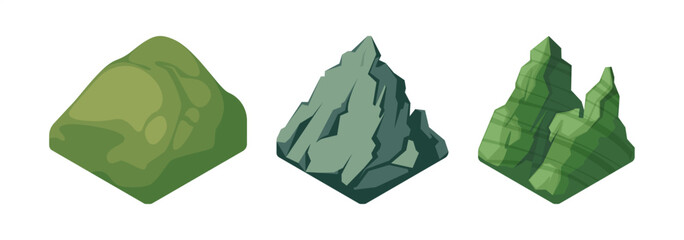 Isometric mountain set. Vector peaks with different shapes, heights and slopes. Natural landscapes for maps and game design, nature concepts and travel graphics, environment and educational projects