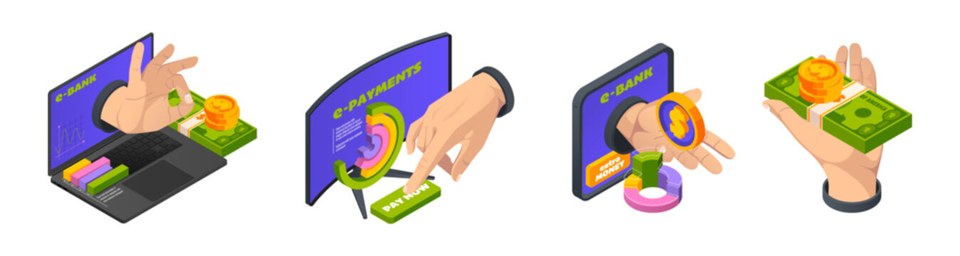 Salary payroll system isometric icons. Vector online income calculate and automatic payment. Office accounting administrative or calendar pay date. Hands with dollar banknotes and golden coins