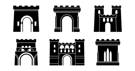 Collection of fortress and castle silhouettes. Vector isolated set of medieval arched entrances in monochrome style. Branding and game interfaces elements. Map markers graphic design © Sensvector