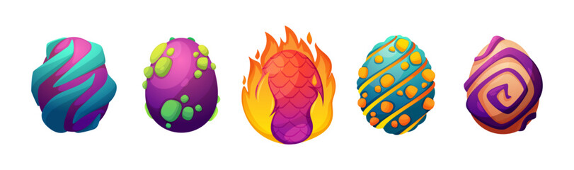 Naklejka premium Dragon eggs with prints in fire and cracks. Vector isolated cartoon collection of embryonic spheres of dinosaurs. Mysterious magical beasts cores. Enchanted shells of Basilisk or Hydra