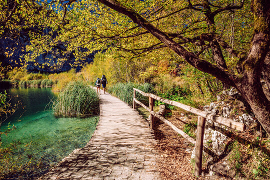 View of a stone pathway with wooden railing leading through golden autumn trees alongside turquoise water, Plitvicka Jezera, Lika-Senj County, Croatia.