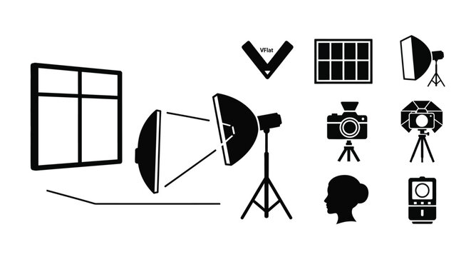 Photography studio equipment icons including lighting and camera setup silhouette