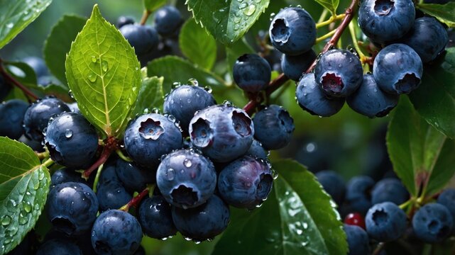 Fresh blueberries glistening with water droplets on a green bush, showcasing nature's bounty