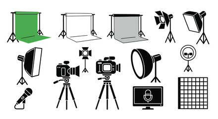 Photography equipment icons depicting studio setups and tools black silhouette © Jewel