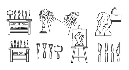 Art studio equipment collection including lamps busts and tables silhouette