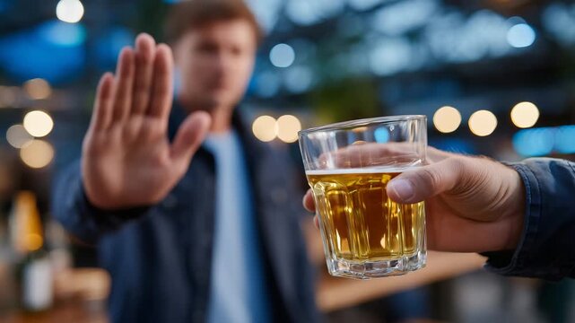 338Faceless male figure shaking head and pushing away alcohol glass, friend holding drink in foreground, substance avoidance message, close-up of hands and gesture, blurred party sett