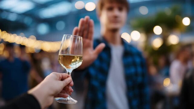 337Close-up of faceless male hands rejecting alcoholic drink, symbolic of sobriety and lifestyle choice, friend&rsquo;s hand offering glass, soft defocused party environment