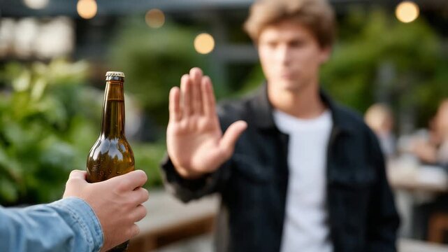 340Faceless man saying no to alcohol with hand gesture, friend holding bottle in foreground, healthy responsible lifestyle, social context blurred in background, moment of personal de