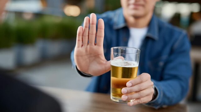 347Close-up of faceless man saying no to alcohol, hands open in refusal, friend offering drink, healthy choice concept, lifestyle responsibility, soft defocused background