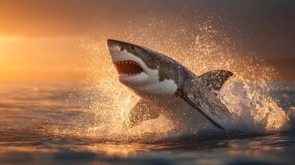 Action-packed wildlife shot of a massive great white shark dramatically breaching the ocean surface, hunting a seal at a golden sunset.