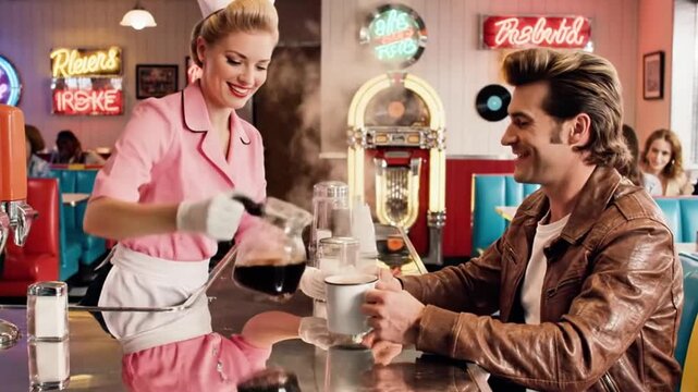 Bright, colorful tracking shot of a vintage 1950s diner scene, a waitress in a retro uniform pouring black coffee at a chrome counter.