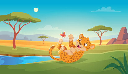 Leopard. Jungle background illustration with cartoon cheetah activity exact vector template © ONYXprj