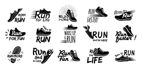 Fototapeta premium Run labels. Badges collection with running shoes stylized illustrations recent vector lettering design badges