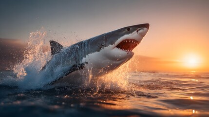 Fototapeta premium Action-packed wildlife shot of a massive great white shark dramatically breaching the ocean surface, hunting a seal at a golden sunset.