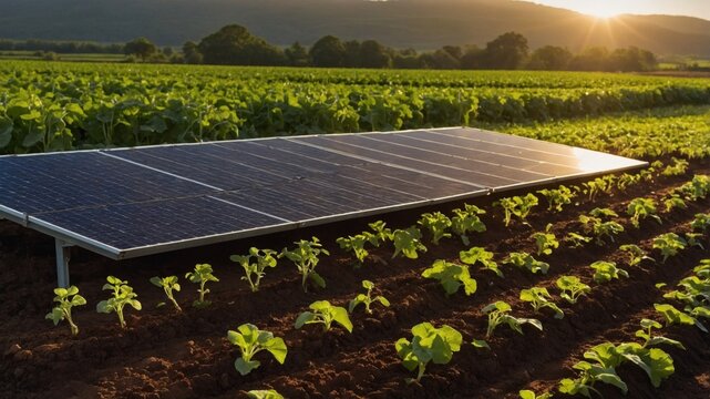 Solar panels installed in a lush green field, with crops growing nearby and a sunset in the background