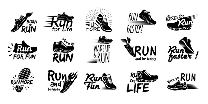Run labels. Badges collection with running shoes stylized illustrations recent vector lettering design badges