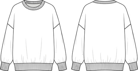 Technical CAD flat fashion vector illustration of a long sleeve crewneck sweatshirt, oversized fleece pullover with ribbed cuffs and hem, cad drawing flat vector illustration. © jannat