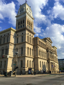Louisville, Kentucky&mdash;May 9, 2018; Louisville Metro Hall, historic seat of city government, featuring its clock tower and neoclassical columns in downtown Louisville.