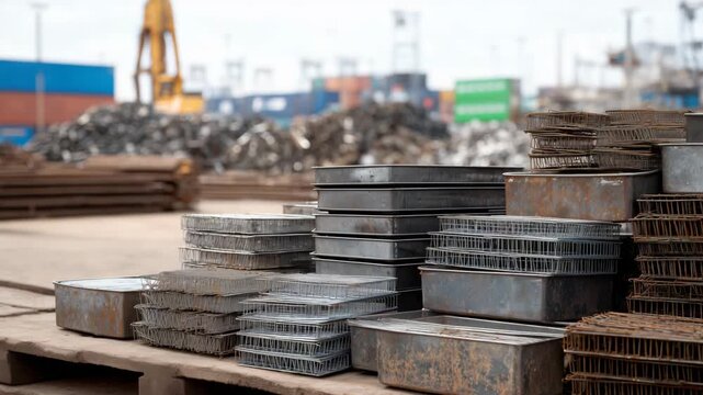 368Stacked metal bins for sorting industrial scrap, varying heights and metal textures, defocused background of recycling plant, sustainable material recovery concept