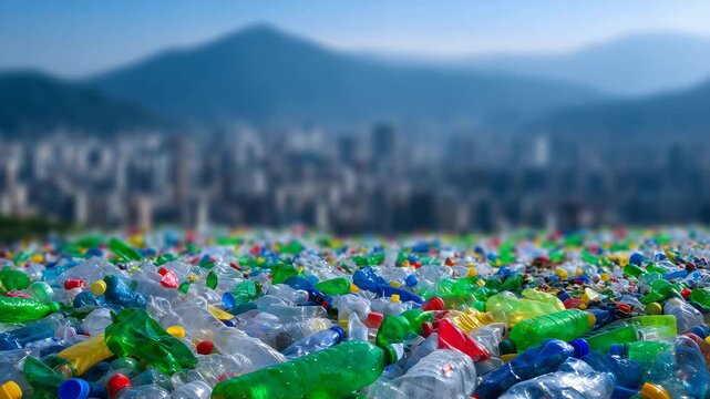 377Close-up of heap of crushed plastic bottles in vibrant colors, industrial recycling facility, defocused background, sustainability and environmental responsibility concept, materia