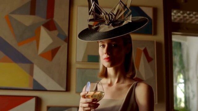 Graceful Woman Adorned With Creative Accessories Indulging In Fine Champagne Amidst Artistic Decor