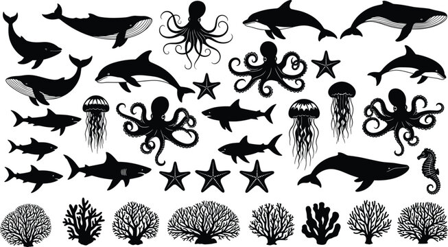 Marine life silhouette set with whales dolphins sharks octopus jellyfish starfish coral reef vector illustration collection