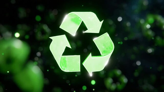 387Close-up of 3D green recycling icon floating in space, volumetric lighting highlighting edges, environmental responsibility and sustainability visualization, defocused abstract bac