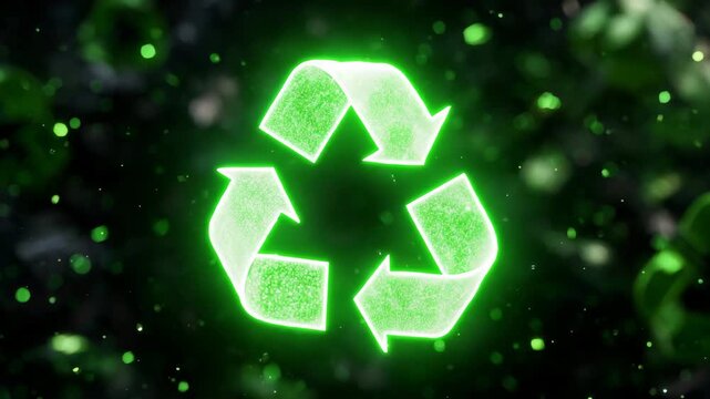 398Close-up of volumetric green recycling symbol, 3D digital visualization, soft glowing edges, sustainability and eco-friendly waste management concept, defocused background