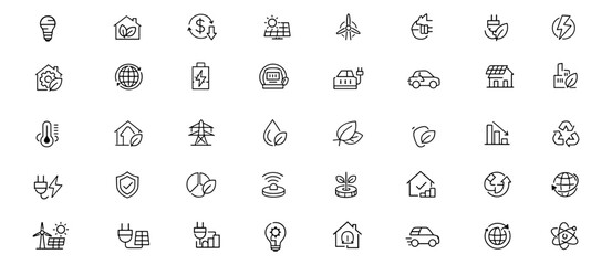 Fototapeta premium Energy efficiency web icons in line style. Light bulb saving, renewable power, home insulation, smart meter, solar panel, cost reduction, climate audit. Editable stroke. Vector illustration.