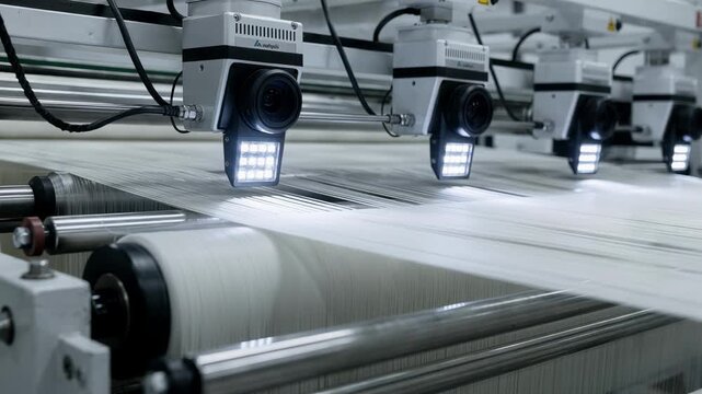 Medium shot showcasing inline cameras capturing highresolution images of fiber fineness and detecting defects during automated textile processing.