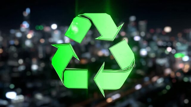 405Floating 3D green recycling icon with volumetric glow, representing environmental responsibility, digital display for sustainability, defocused industrial or tech-inspired backgrou