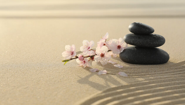 Minimalist zen stones balance with cherry blossom on sand background