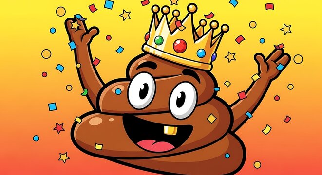 Cartoon poop character with crown and confetti