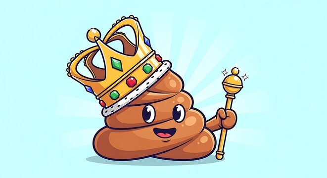 Cartoon poop character with crown and scepter