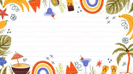 Hand drawn summer background for text. Minimalist line design. Palm tree, lemon, sun, sea, rainbow, cocktail, scribble  in minimal style . Concept of relaxing ocean, traveling, summer sale. Art png