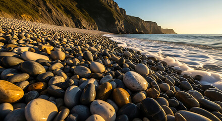 Fototapeta premium Coastal Cliffs Golden Hour Pebble Beach Smooth Stones